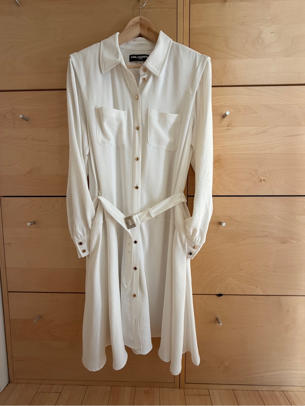 Karl Lagerfeld Ivory Long Sleeve Shirt Dress with Belt